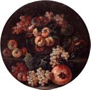 unknow artist, A still life of peaches and plums in a glass bowl,grapes,a melon and a pomegranate